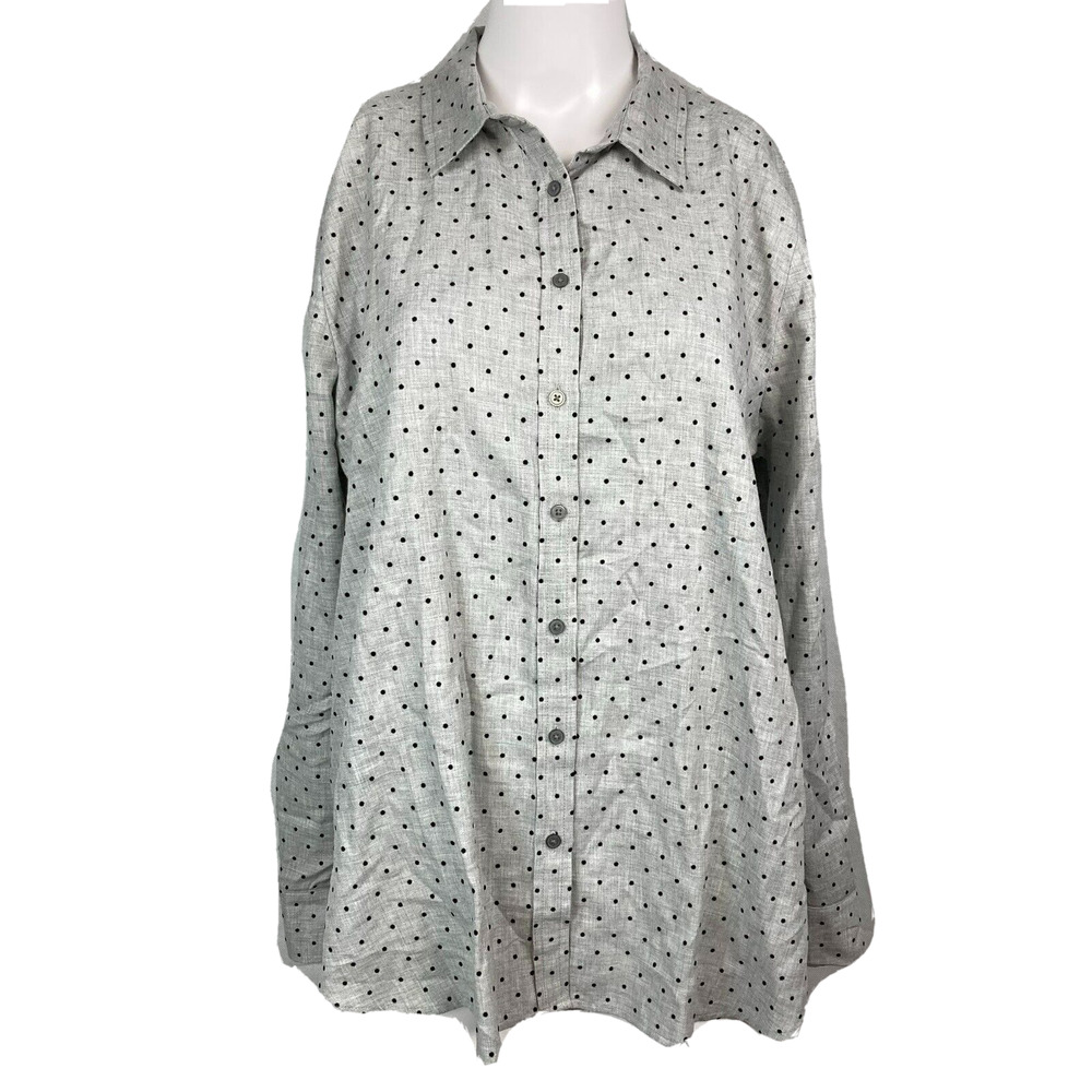 Ann Taylor LOFT Shirt Women L Gray Black Cotton Polka Dot Long Sleeve Button Up